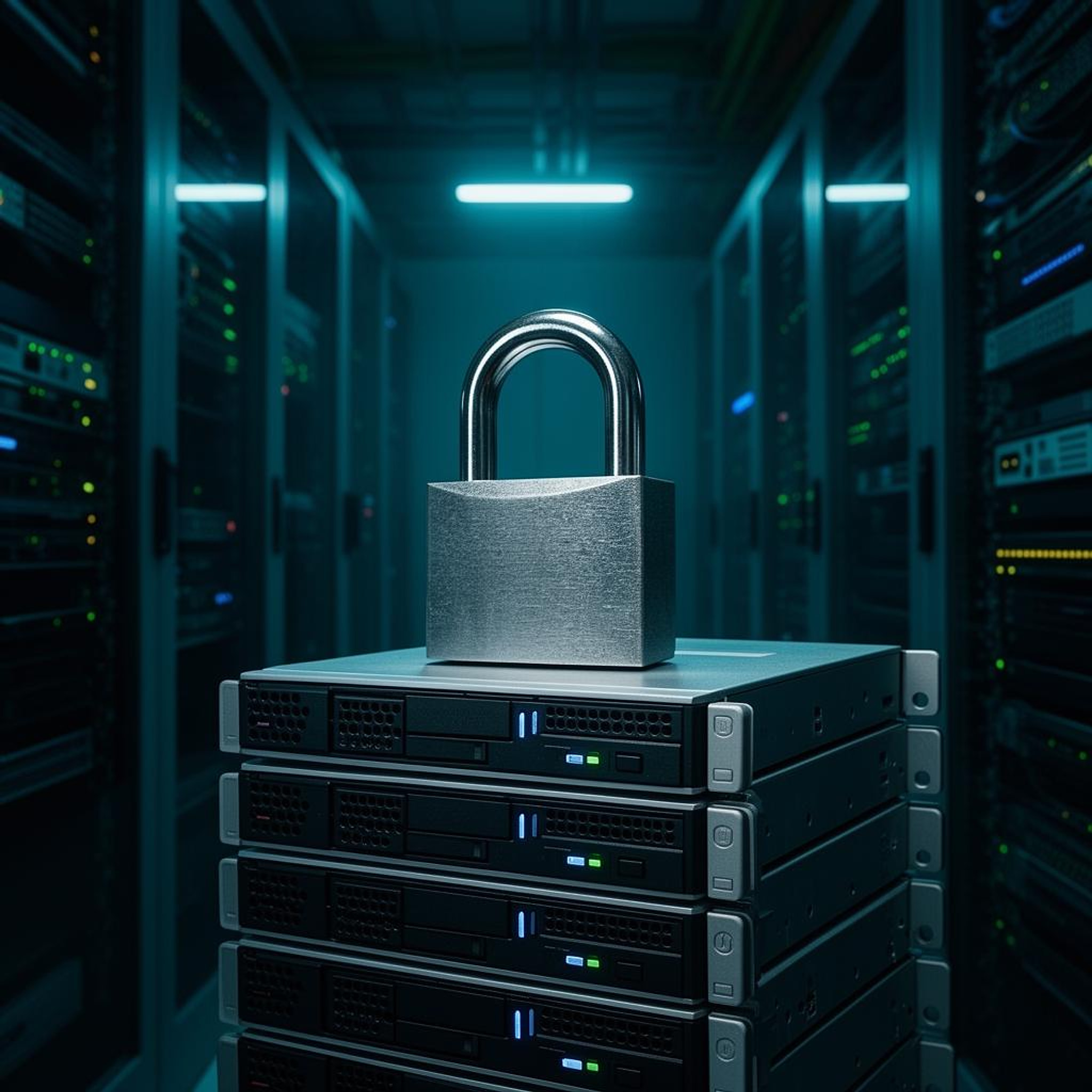 Steel padlock on stacked server drives in a dark industrial data centre