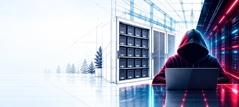An attacker at a laptop beside a server rack