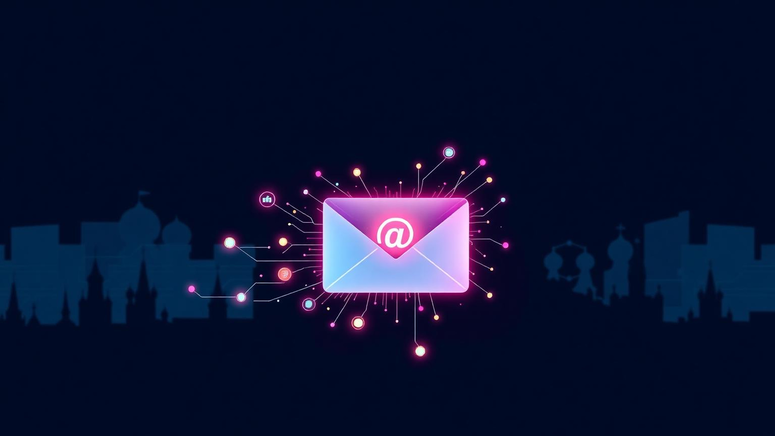 Editorial illustration of a glowing email envelope releasing swarm particles against a dark navy background with faint Kremlin silhouettes, representing the LAUNDRY BEAR zero-click email attack.