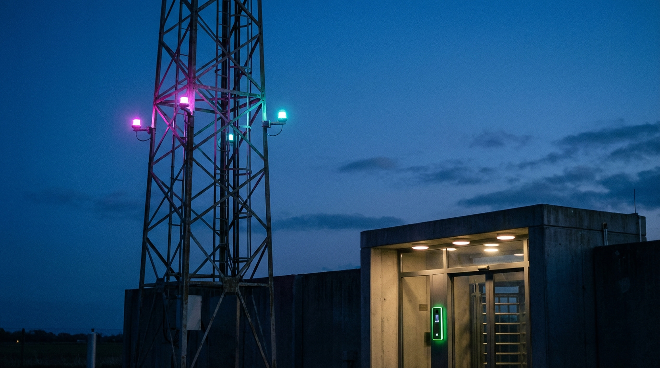 A secure server facility entrance with biometric access panel and ambient corridor lighting