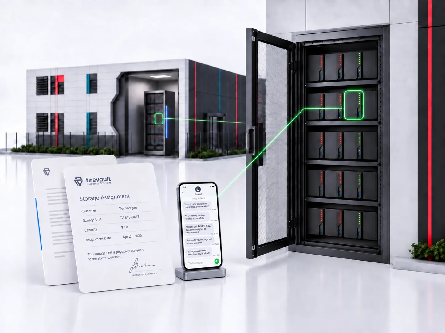 A Firevault bunker rack with one physical Vault assigned and highlighted for a single customer