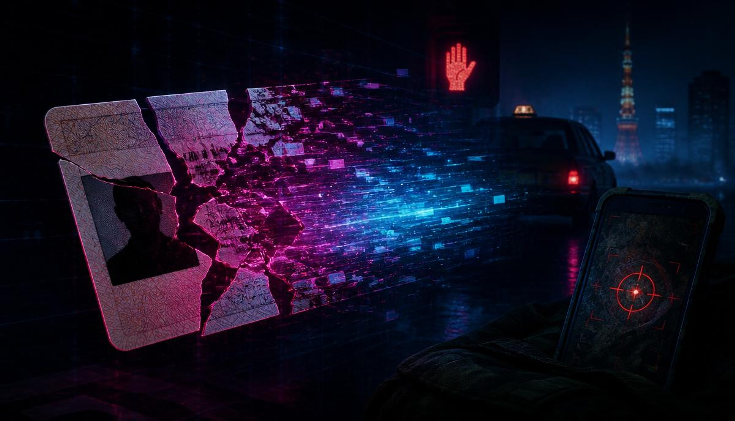 Shattered driver licence, halted Tokyo taxi and targeted military smartphone rendered in magenta and cyan data streams, illustrating the week in cybersecurity incidents