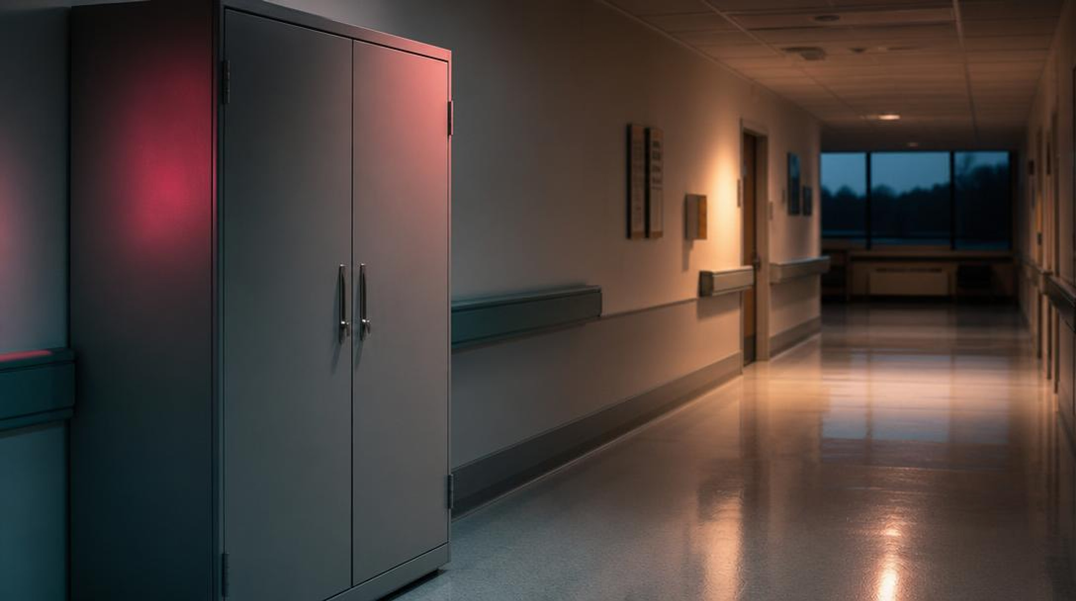 An empty hospital corridor at blue hour with a closed steel records cabinet, representing secure offline patient data storage.