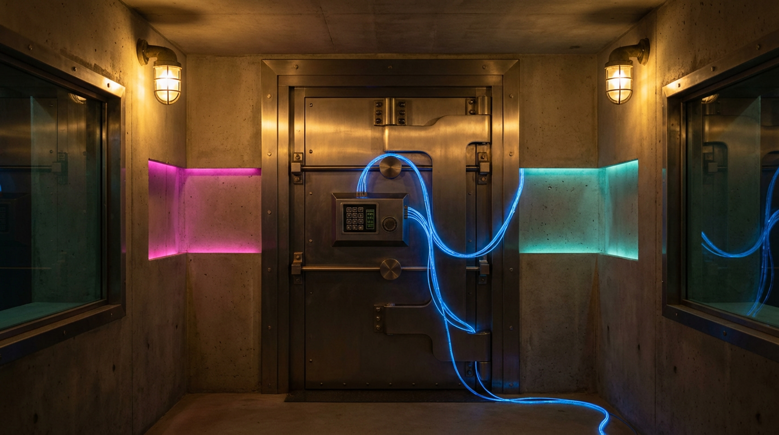 A secure data vault with a digital lock and glowing blue lines, symbolising advanced cybersecurity