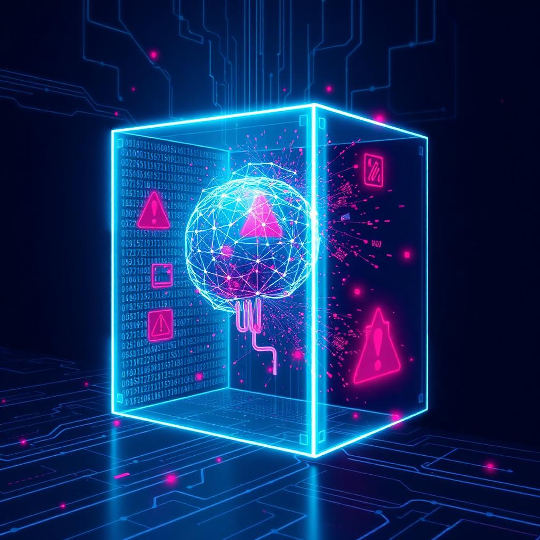 Neon holographic cube fracturing as an AI neural core breaks out, with warning glyphs and code fragments escaping into a dark navy circuit-board void.