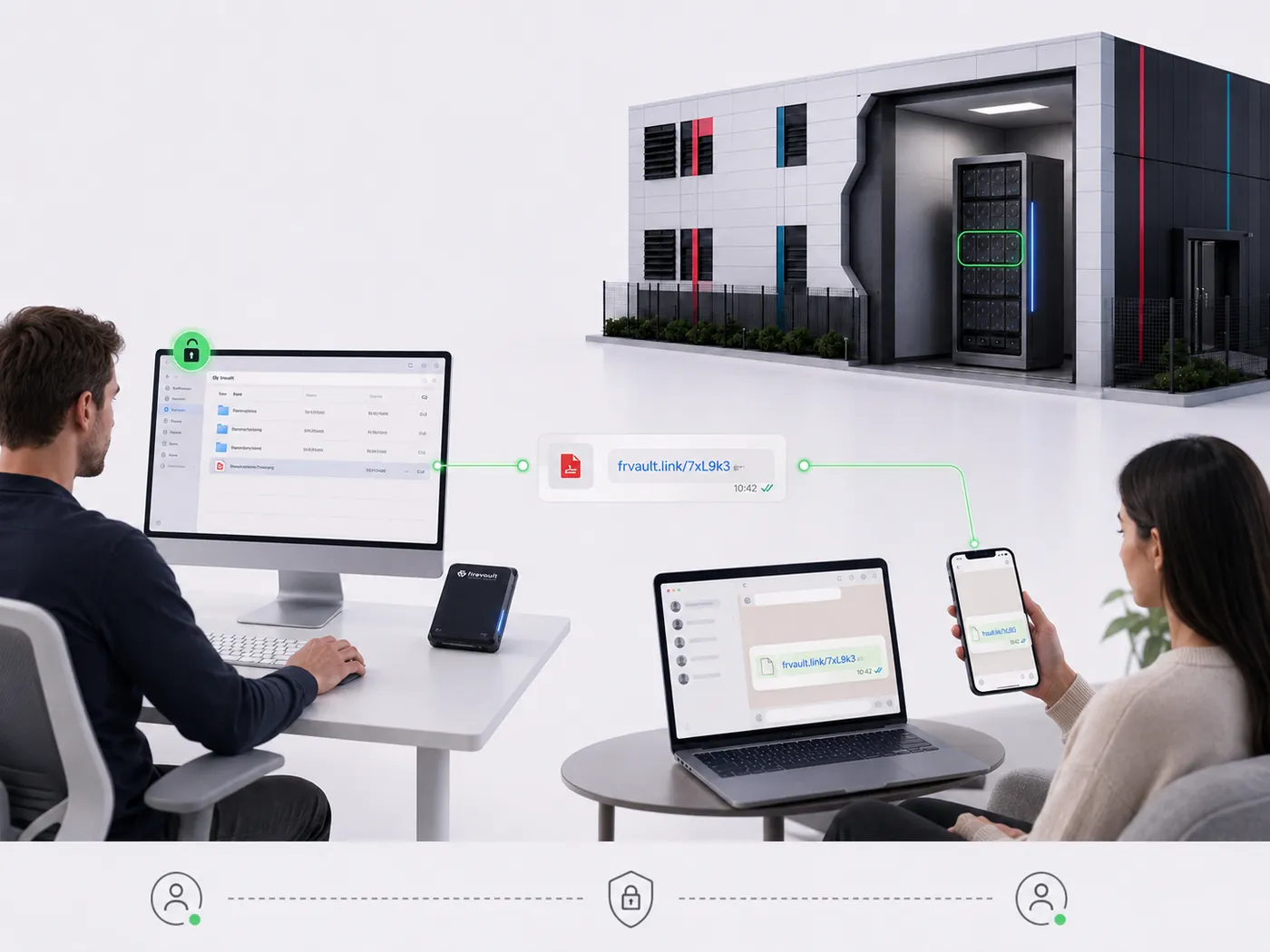 A shared file link sent from File Share to a recipient’s phone and laptop by message, while the Vault stays in a Firevault Bunker