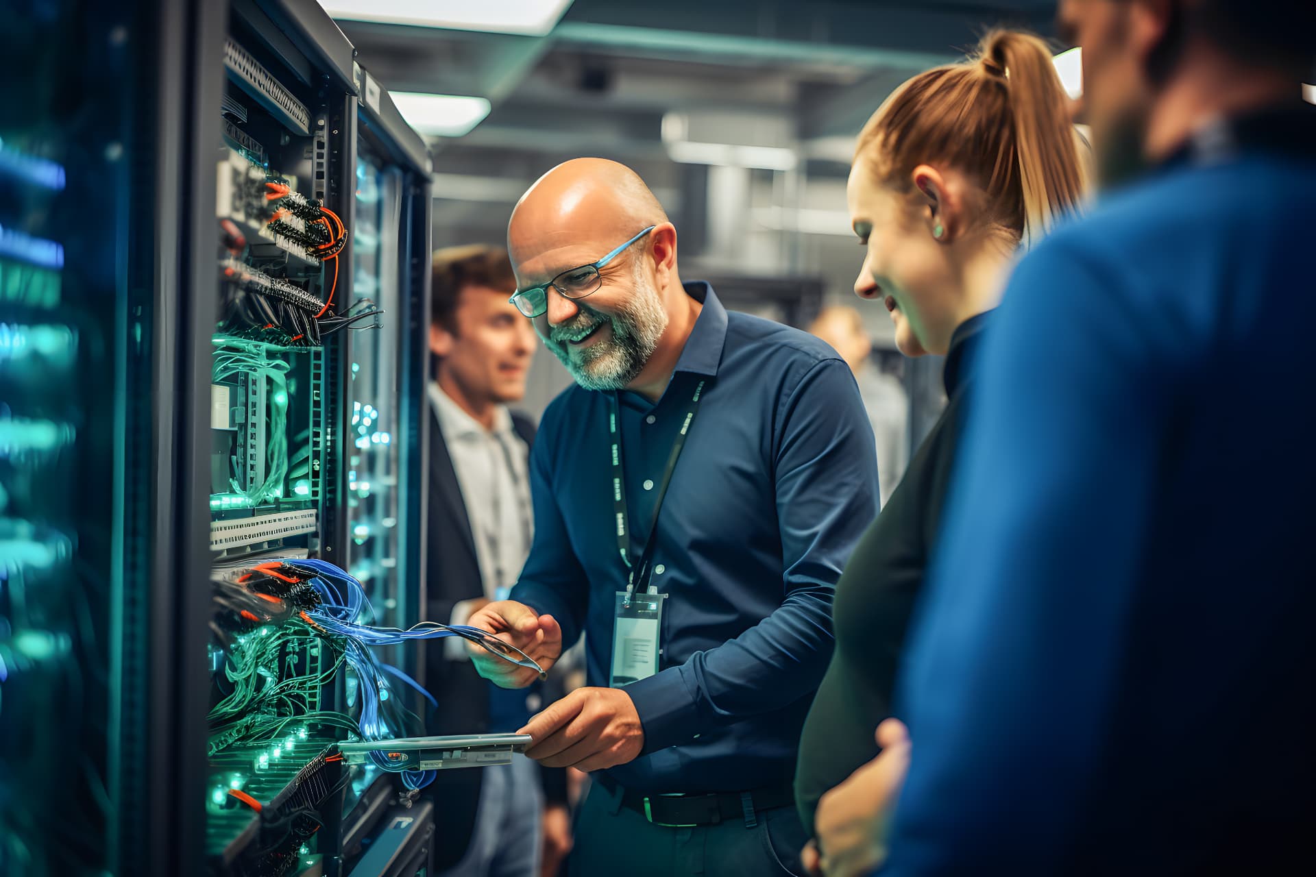 Engineers working inside a secure data centre, representing service providers protecting client records offline