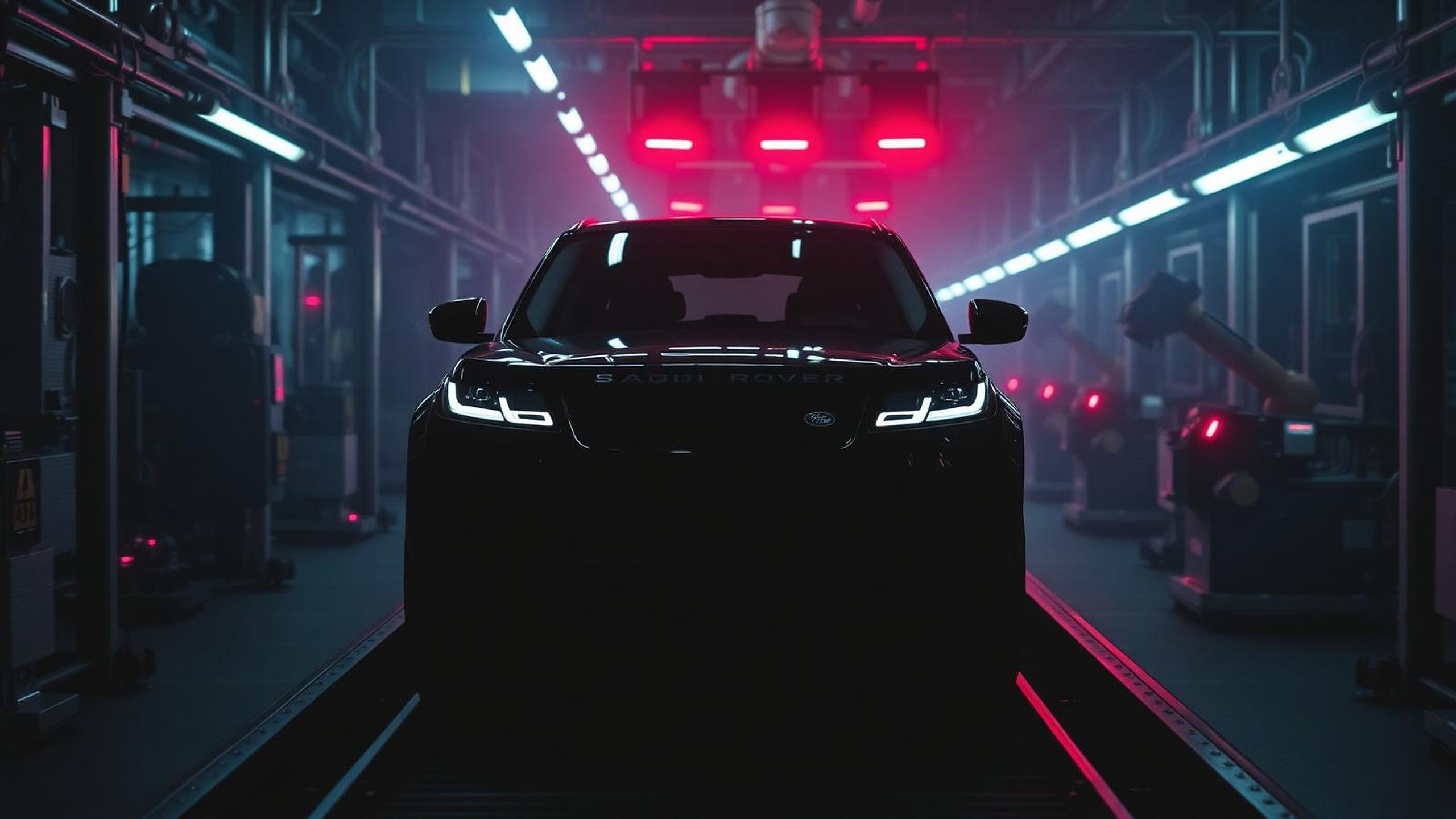 Silhouetted Jaguar Land Rover vehicle on a halted UK factory assembly line under red warning lights, illustrating the JLR cyber incident