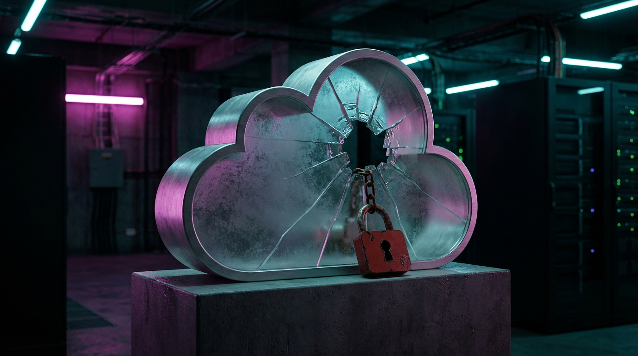 A visual representation of a cloud server with a red broken padlock icon, symbolising a data breach, against a dark, digital background.