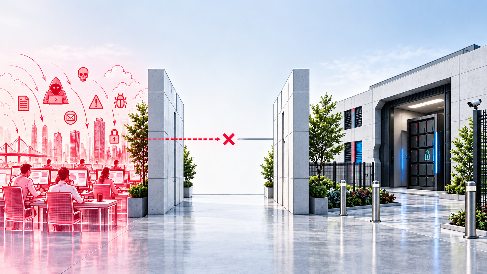 The production estate under attack on one side, the offline vault on the other, with the path between them crossed out