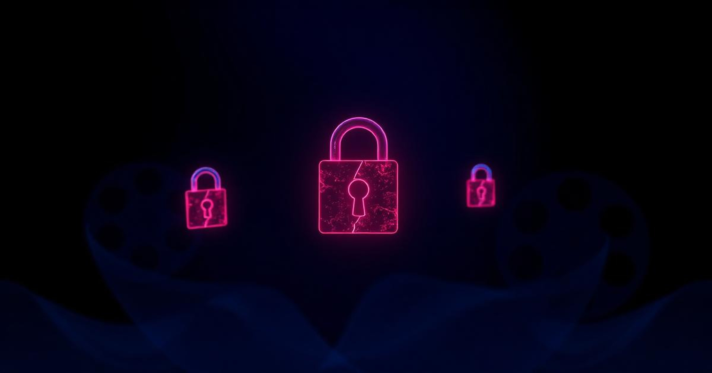 Glowing broken padlocks over faint film reel silhouettes on a dark navy background
