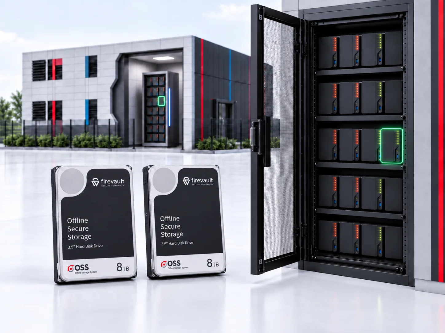 Firevault Offline Secure Storage 8TB physical drives alongside a Firevault Bunker and dedicated hardware rack