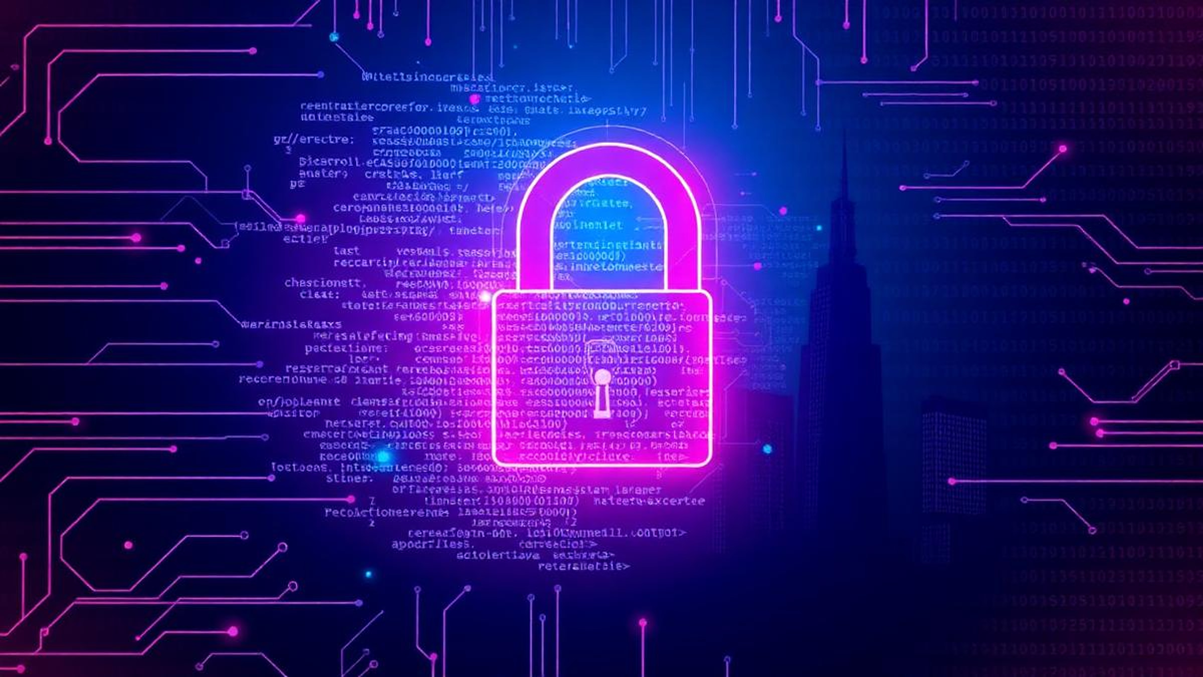 Neon padlock over source code and circuitry, representing the Accenture source code and credentials breach