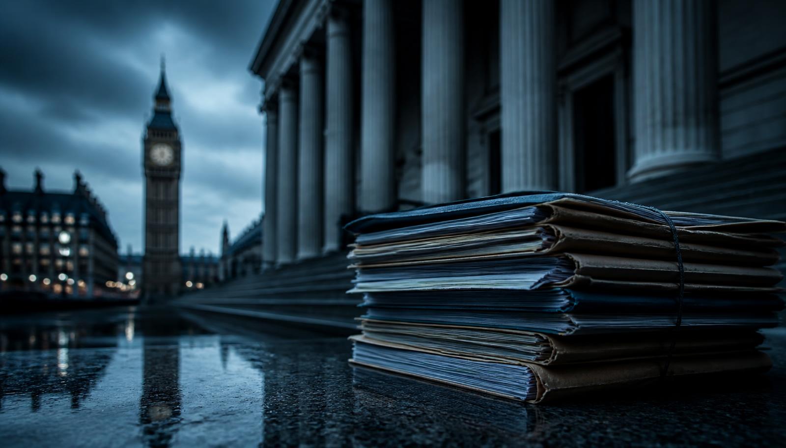Court case files on wet stone steps outside a government justice building at dusk