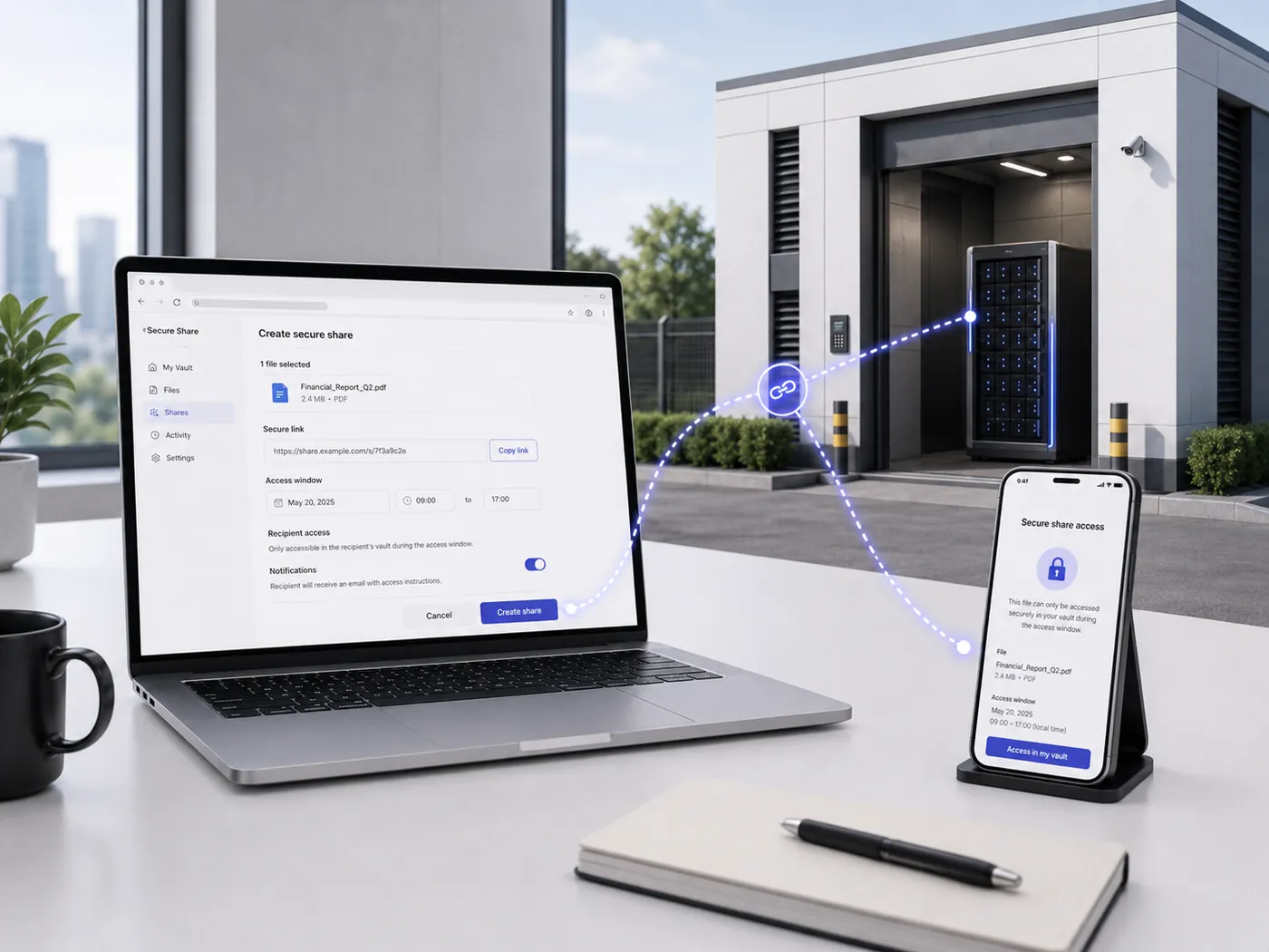 Creating a secure share with an access window on a laptop; the recipient opens it in their own vault from a phone, during that window