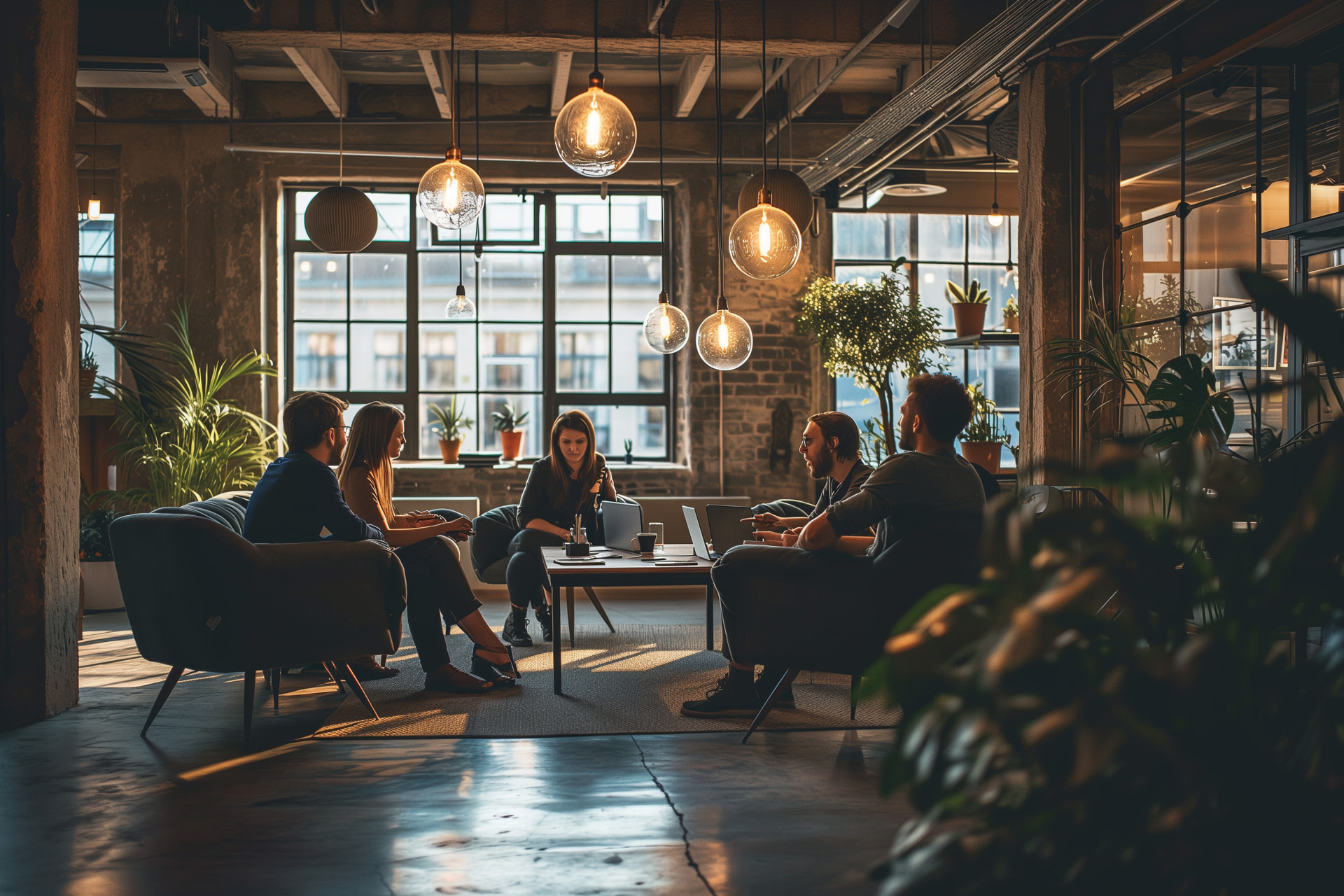 A team of professionals meeting in a modern office lounge, representing businesses protecting their records offline