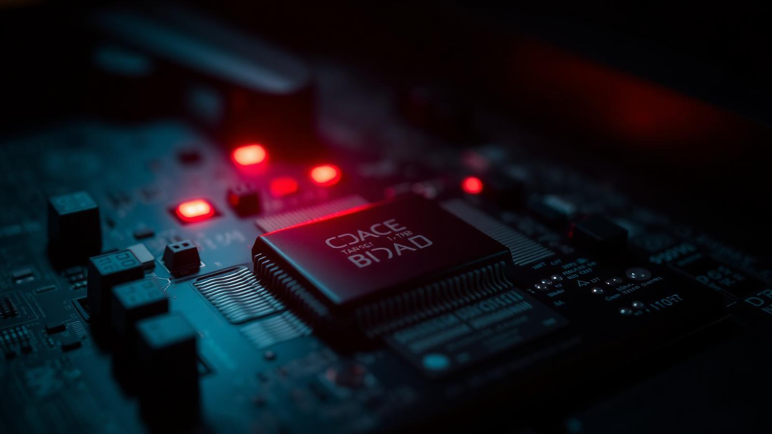 Close-up of a server motherboard chip glowing under red warning lights, representing an exposed baseboard management controller