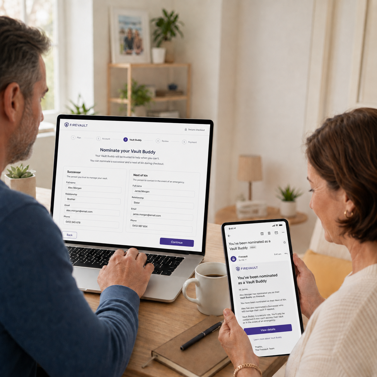 Vault Buddy nomination being confirmed on a laptop and a tablet by a nominated successor