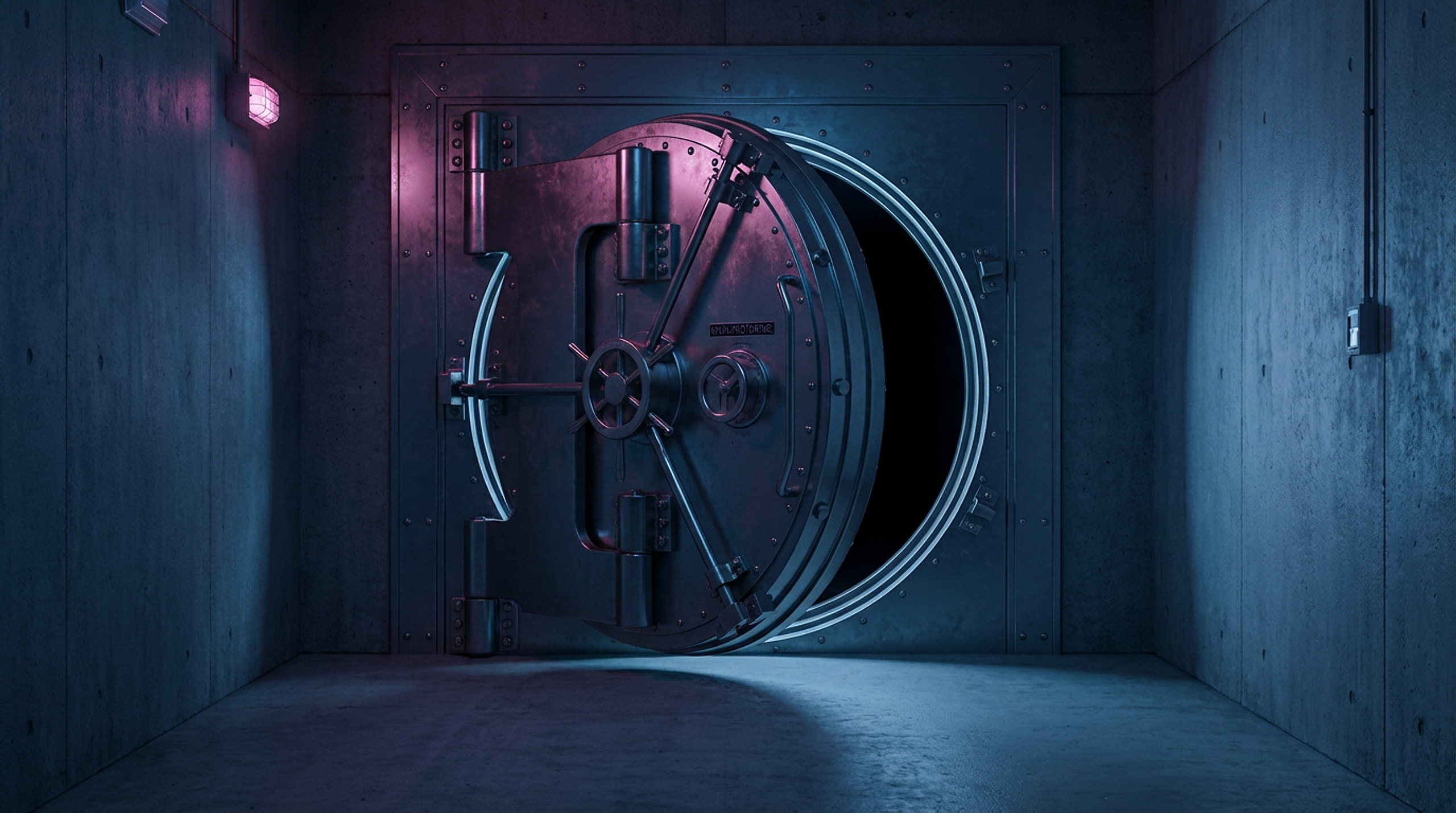 A heavy steel vault door slightly ajar in a dimly lit industrial corridor with blue-hour lighting and subtle magenta accents, representing physical data isolation and offline secure storage