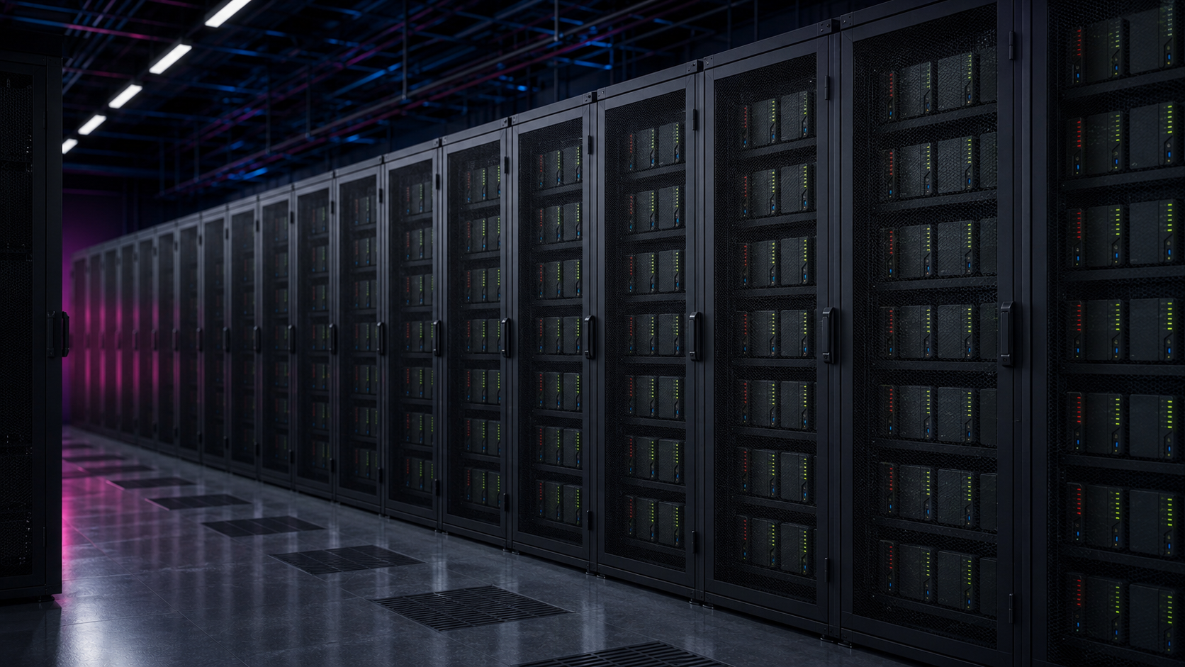 Rows of locked server cabinets inside a secure Firevault data hall