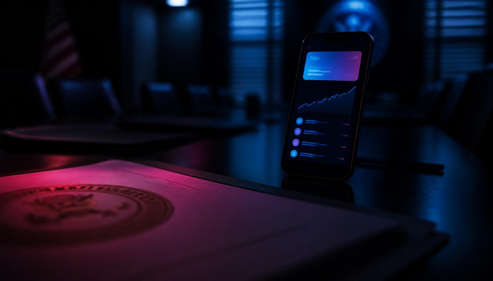 A smartphone banking app glowing on a dark boardroom table beside a document bearing an official seal, representing the Revolut breach caused by a fraudulent government request
