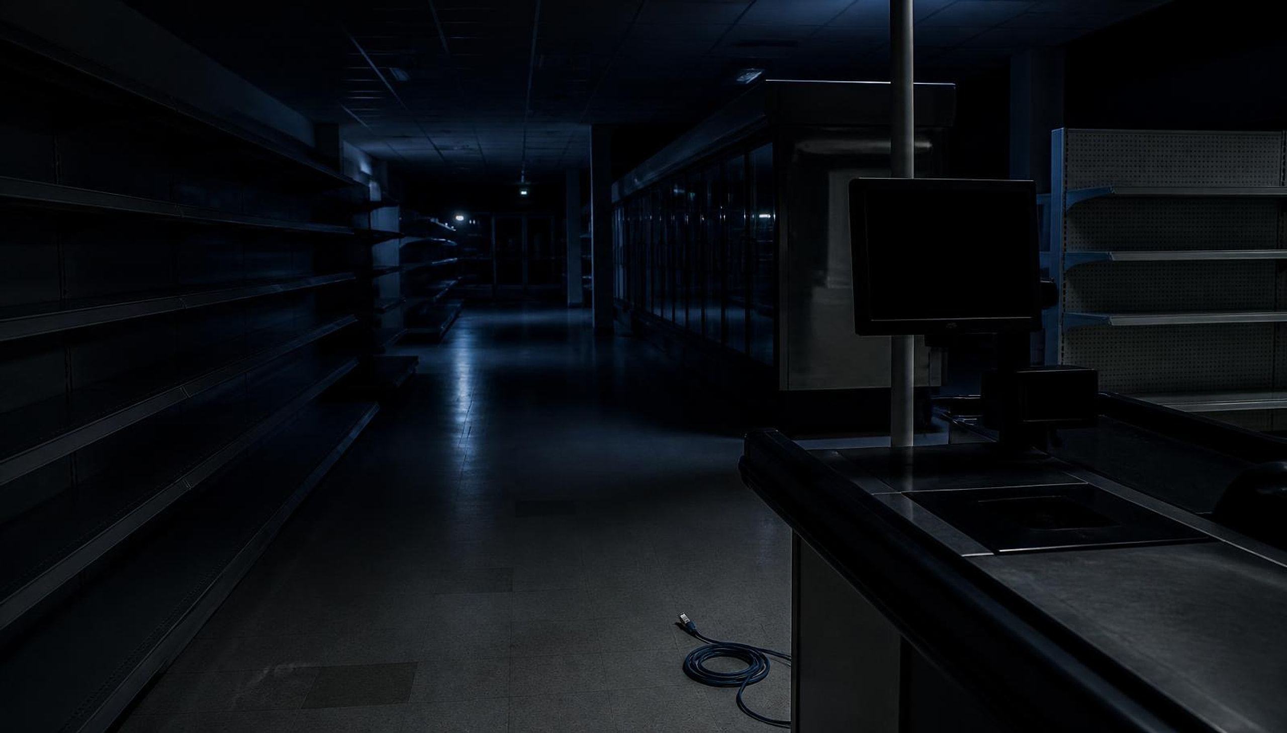 Dark empty supermarket aisle at night with bare shelves, an unpowered checkout screen and an unplugged network cable coiled on the floor