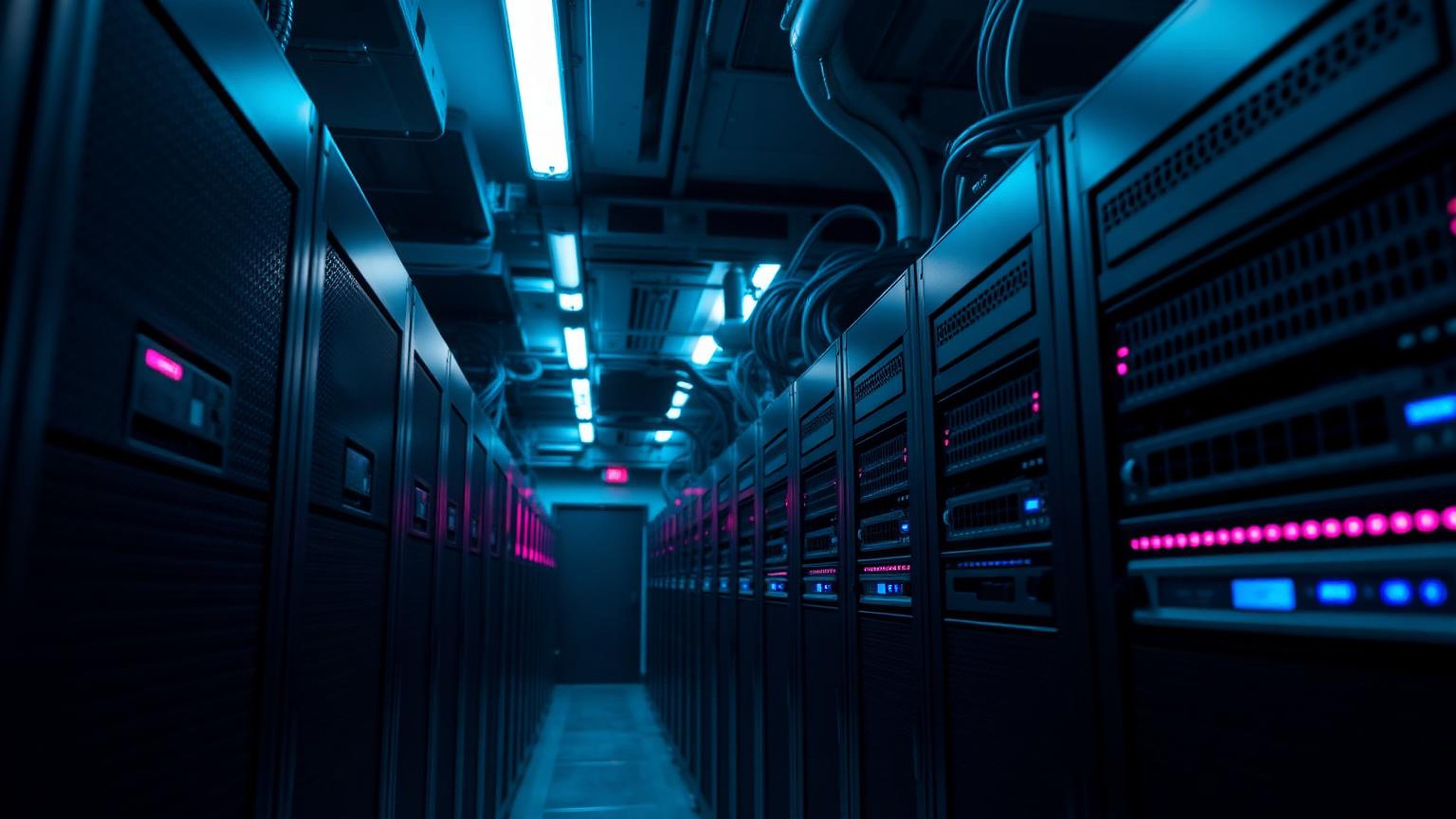 Row of rack-mounted network firewall appliances in a dim data centre corridor lit with cool blue and magenta accent lighting