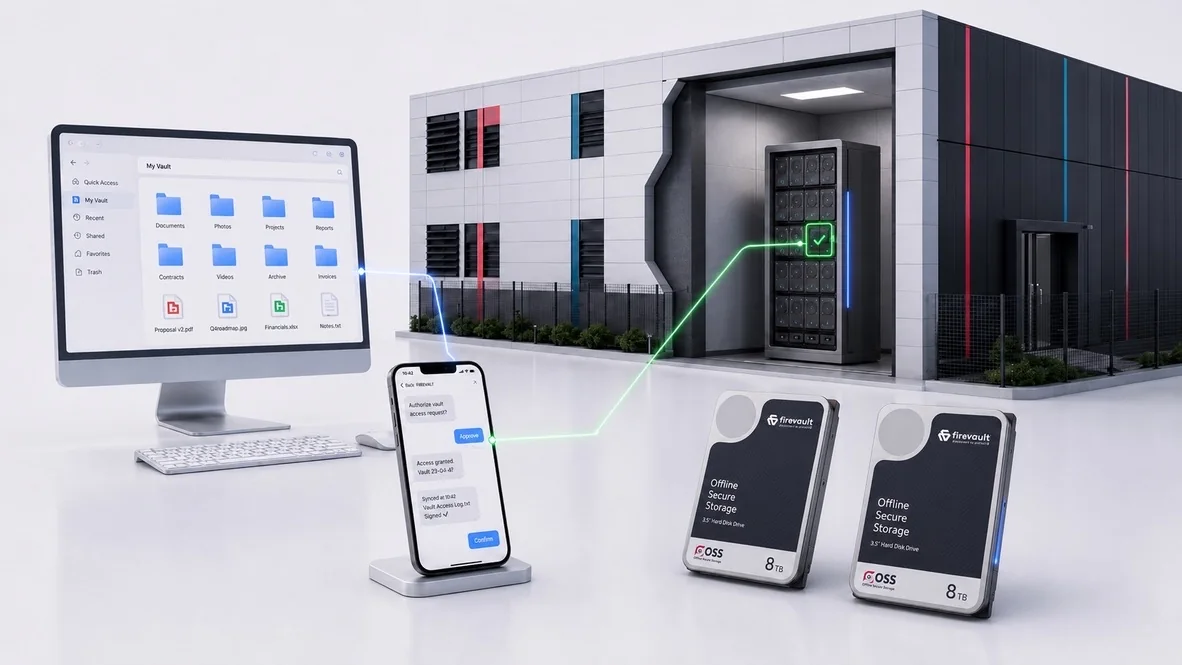 Opening a Vault: files on a desktop, approval on a phone, and the Vault held in a separate, secure Firevault Bunker