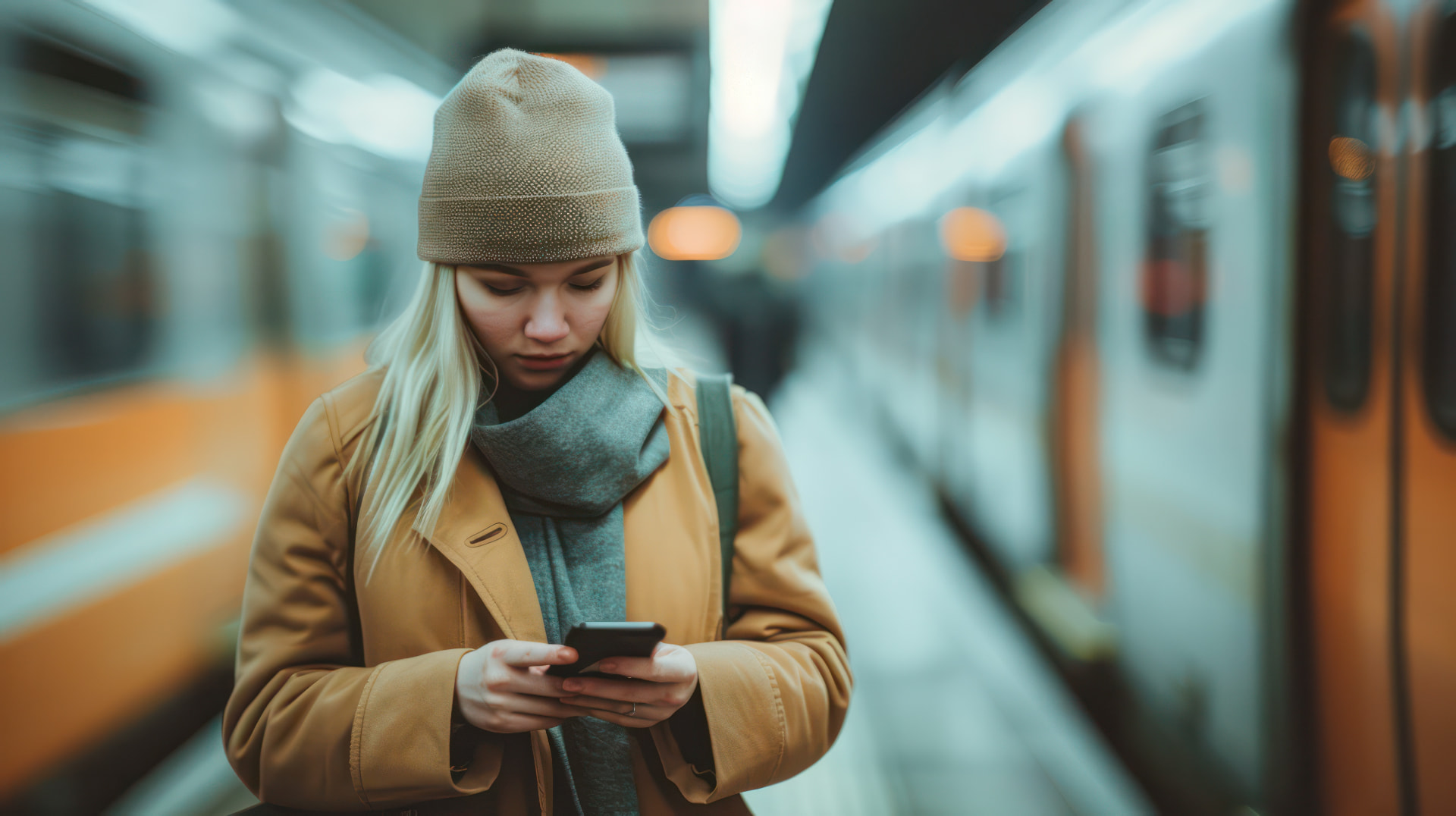 A woman checking her phone on a station platform, the everyday moment when personal records matter