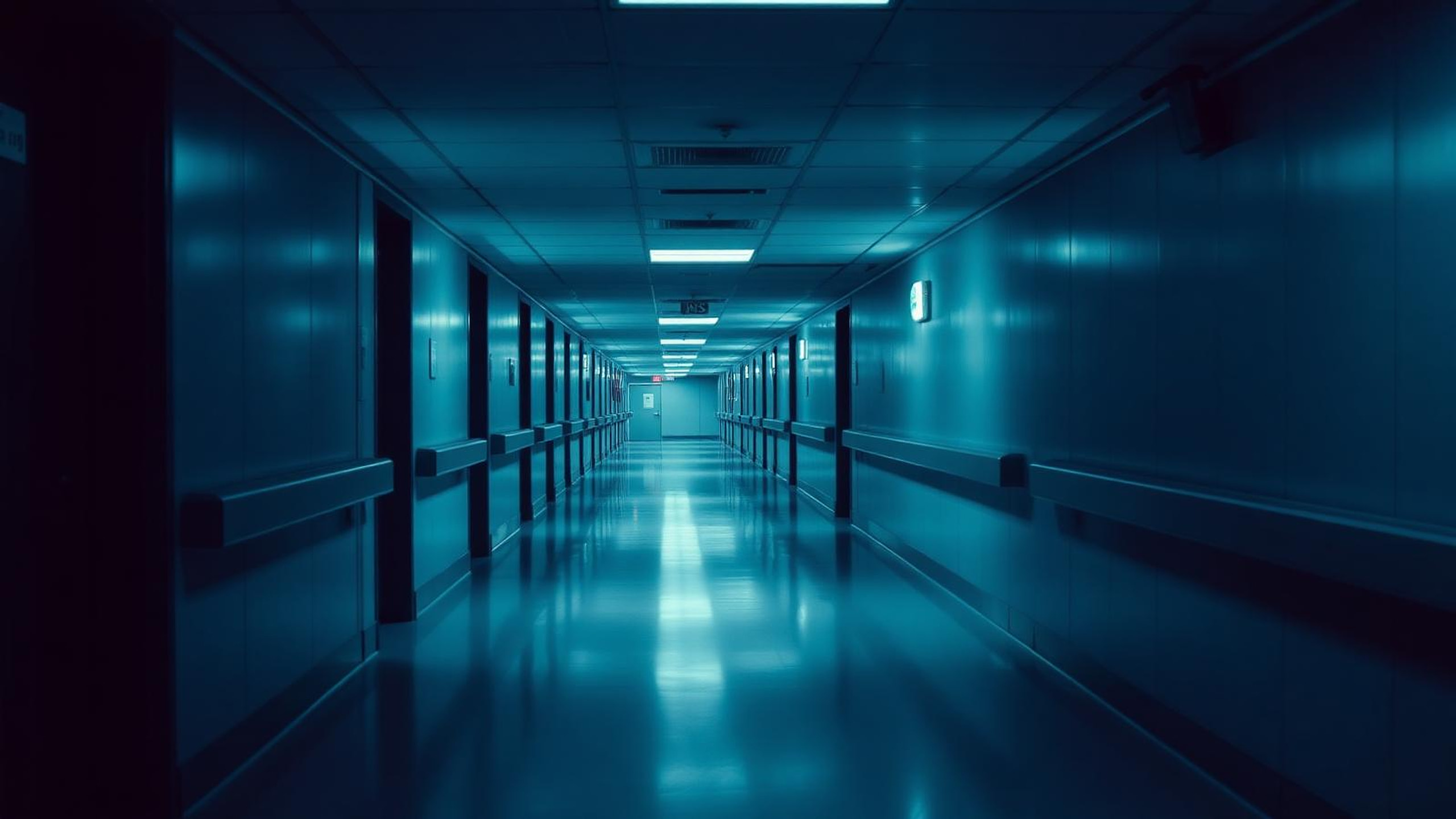 Dimly lit empty NHS hospital corridor at dusk, illustrating the Mid and South Essex NHS Synnovis cyber attack
