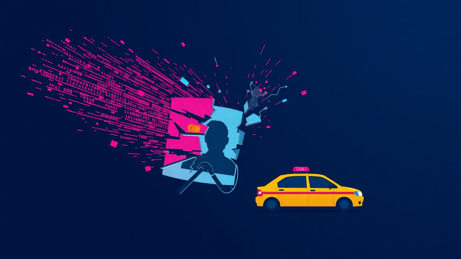 Fractured driver licence dissolving into magenta and cyan data streams beside a taxi silhouette, illustrating the week's cybersecurity incidents