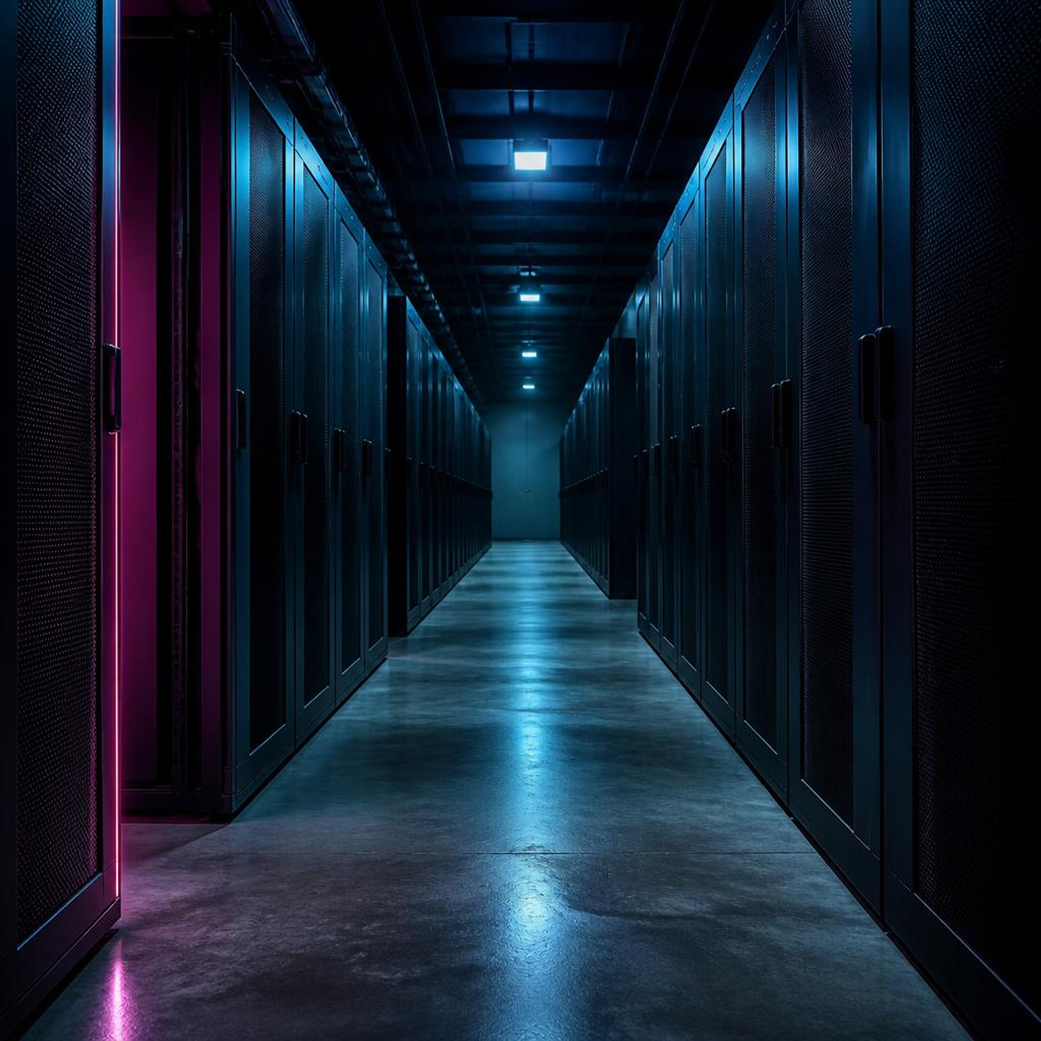 Empty modern data centre corridor at night with magenta accent lighting on server cabinet edges