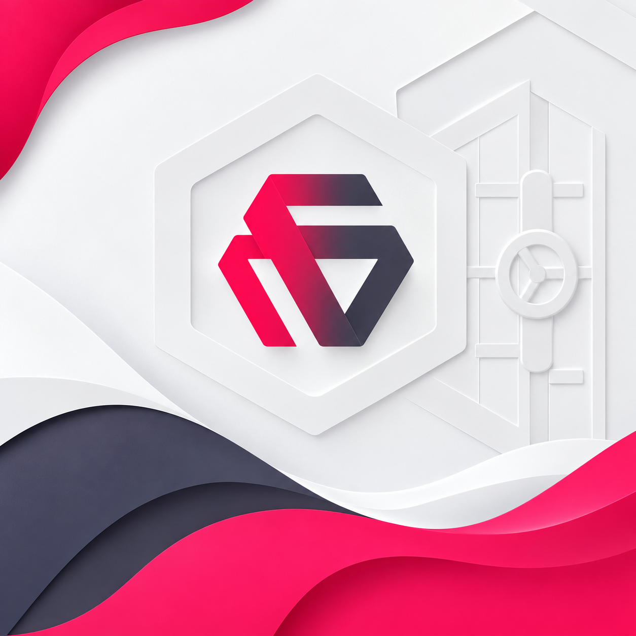 The Firevault mark set within a paper-craft hexagon beside a white vault door, in magenta, navy and white