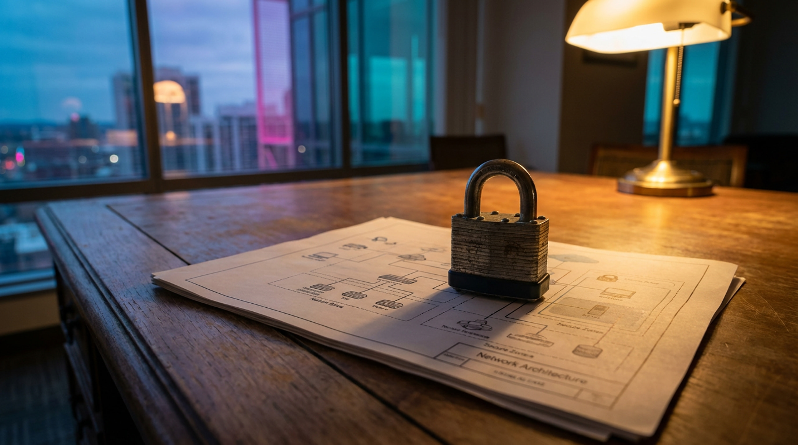 A padlock superimposed over a network diagram, symbolising cybersecurity and data protection