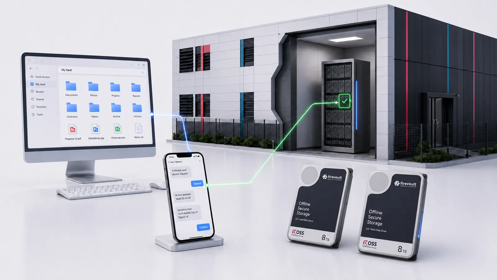 Access approved on a phone, linked to a vault held in a Firevault Bunker