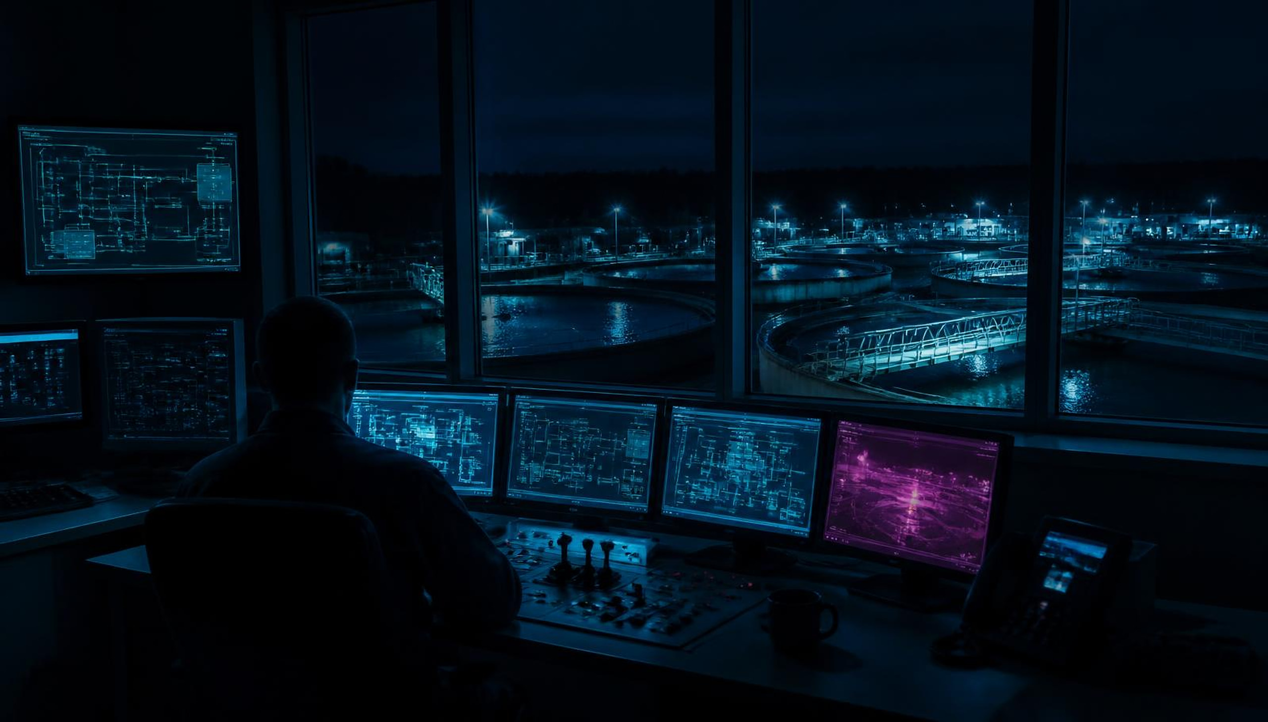 Night view of a water treatment plant control room with industrial control system screens and clarifier tanks outside