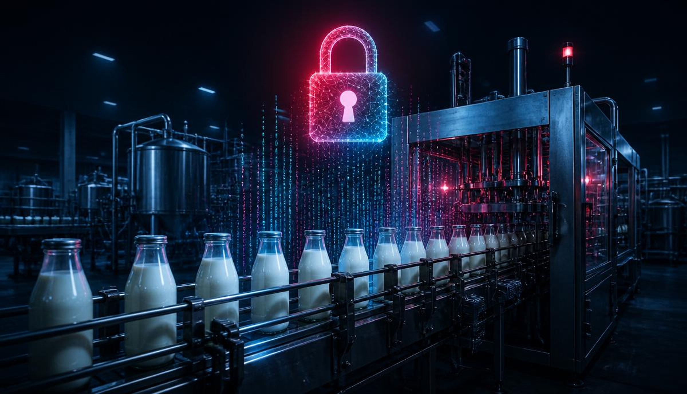 Dairy bottling production line halted by a glowing ransomware padlock, illustrating the fairlife cyber incident and the risk of operational disruption