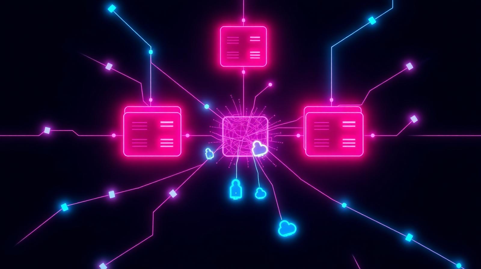 Abstract editorial illustration of a software supply chain compromise with magenta package nodes and leaking cyan credential tokens on a dark navy background