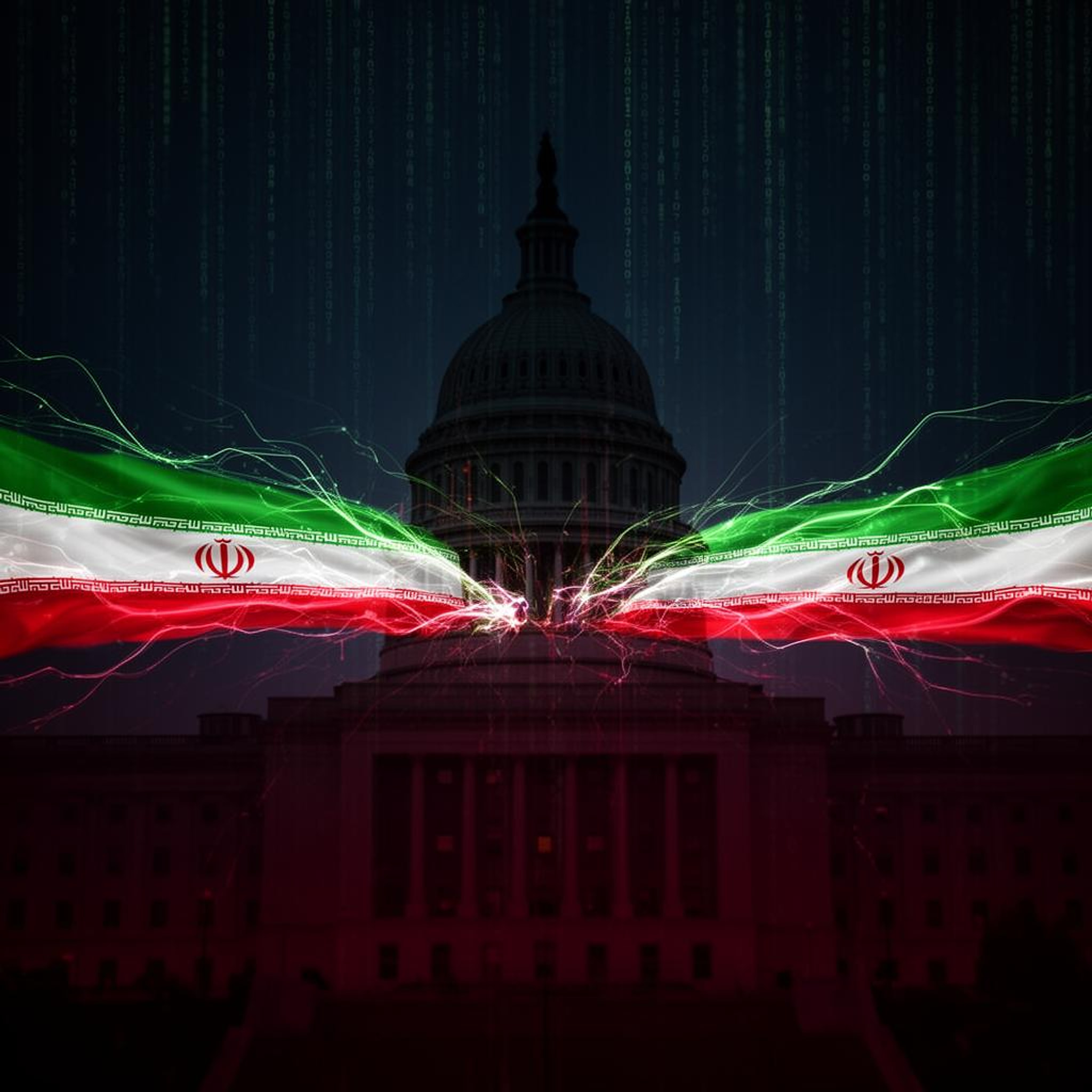 Cybersecurity visualisation depicting a state-sponsored cyber attack on US government infrastructure with Iranian-linked digital breach elements