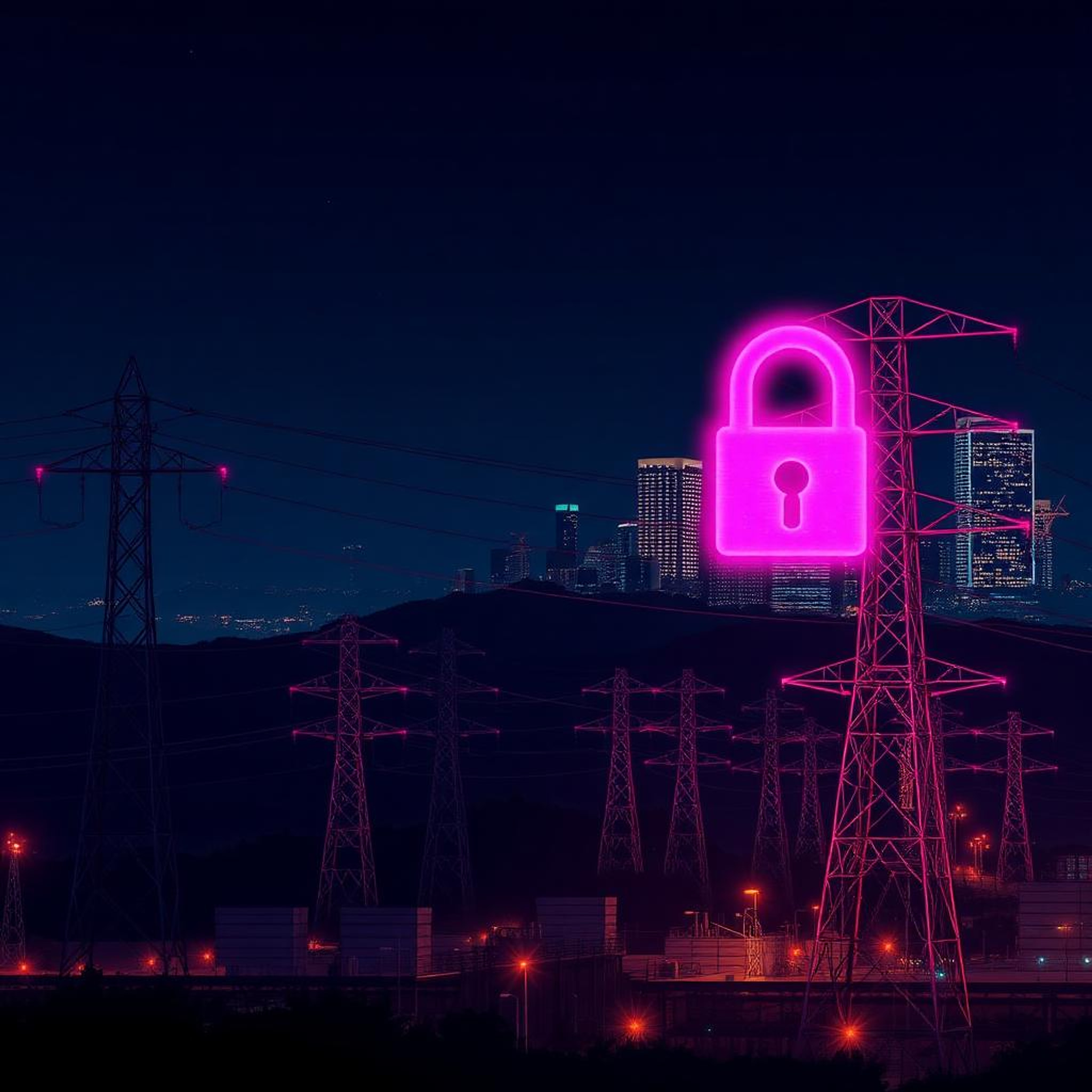 Electricity pylons at night with a glowing magenta padlock symbol over an Australian city skyline, illustrating the Origin Energy customer data breach