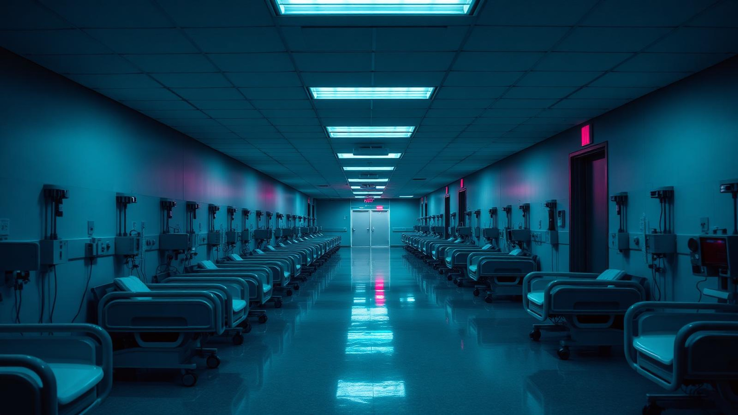 Empty dialysis clinic corridor lit in cool blue and magenta, rows of vacant treatment chairs and equipment.