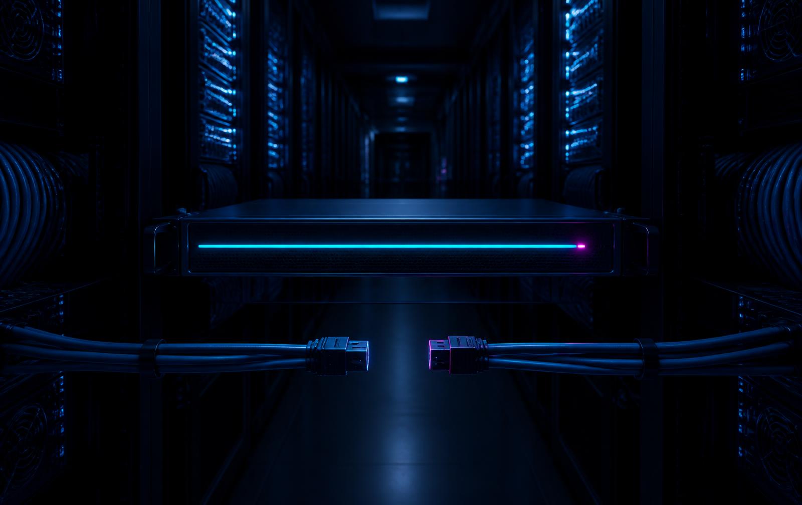 AI Kill Switch appliance in a dark data centre aisle with a network link physically separated between two cable ends