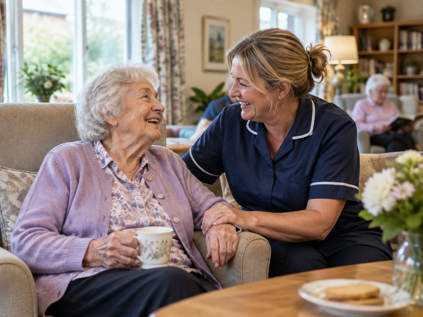 A care professional sharing a warm, respectful moment with an older resident