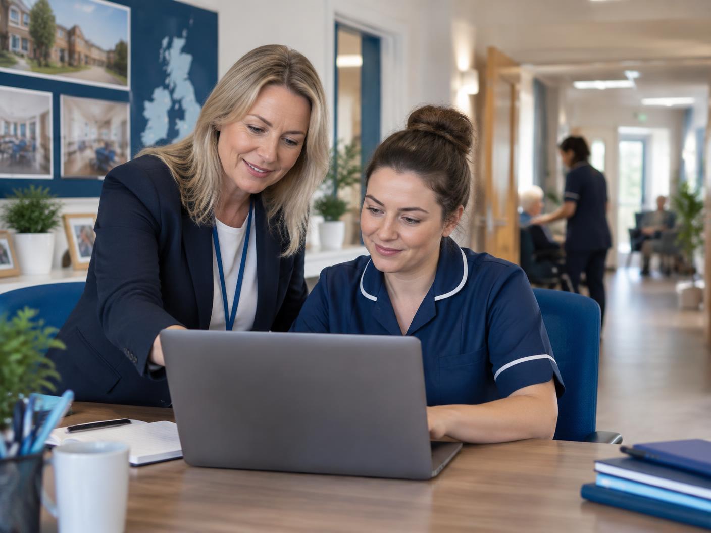 A care operations leader and care professional working together at a laptop