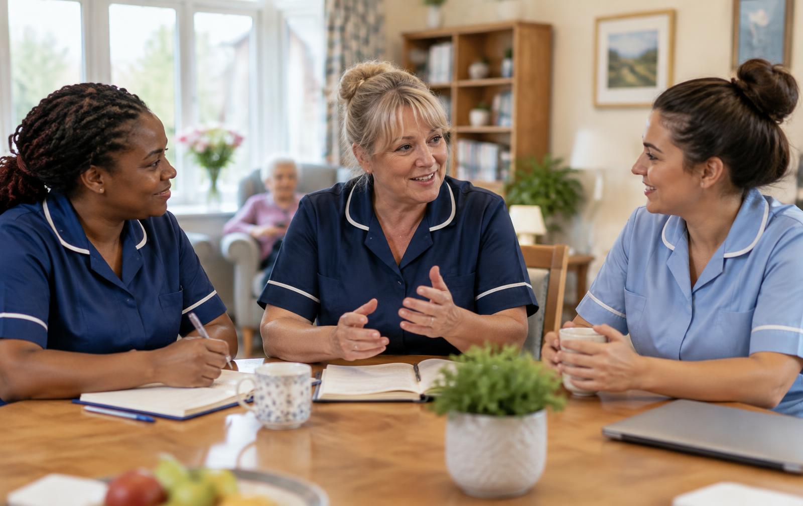 A care leadership team sharing a positive morning briefing in a residential care setting
