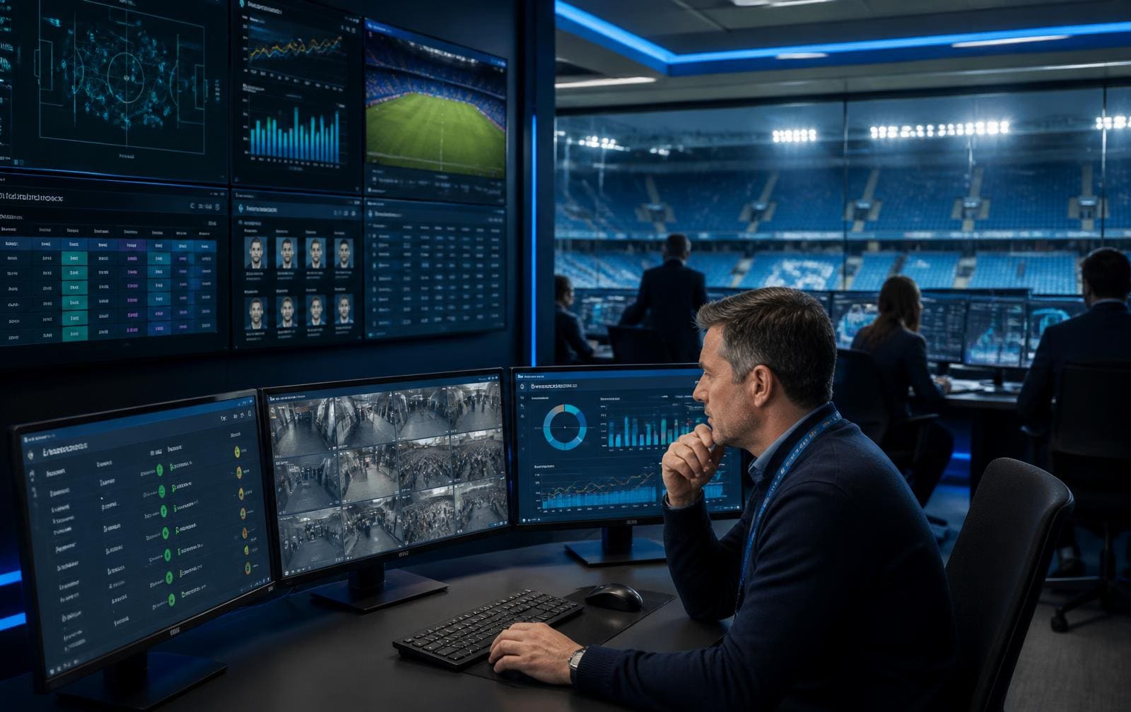 Football club operations room with match-day dashboards overlooking the pitch