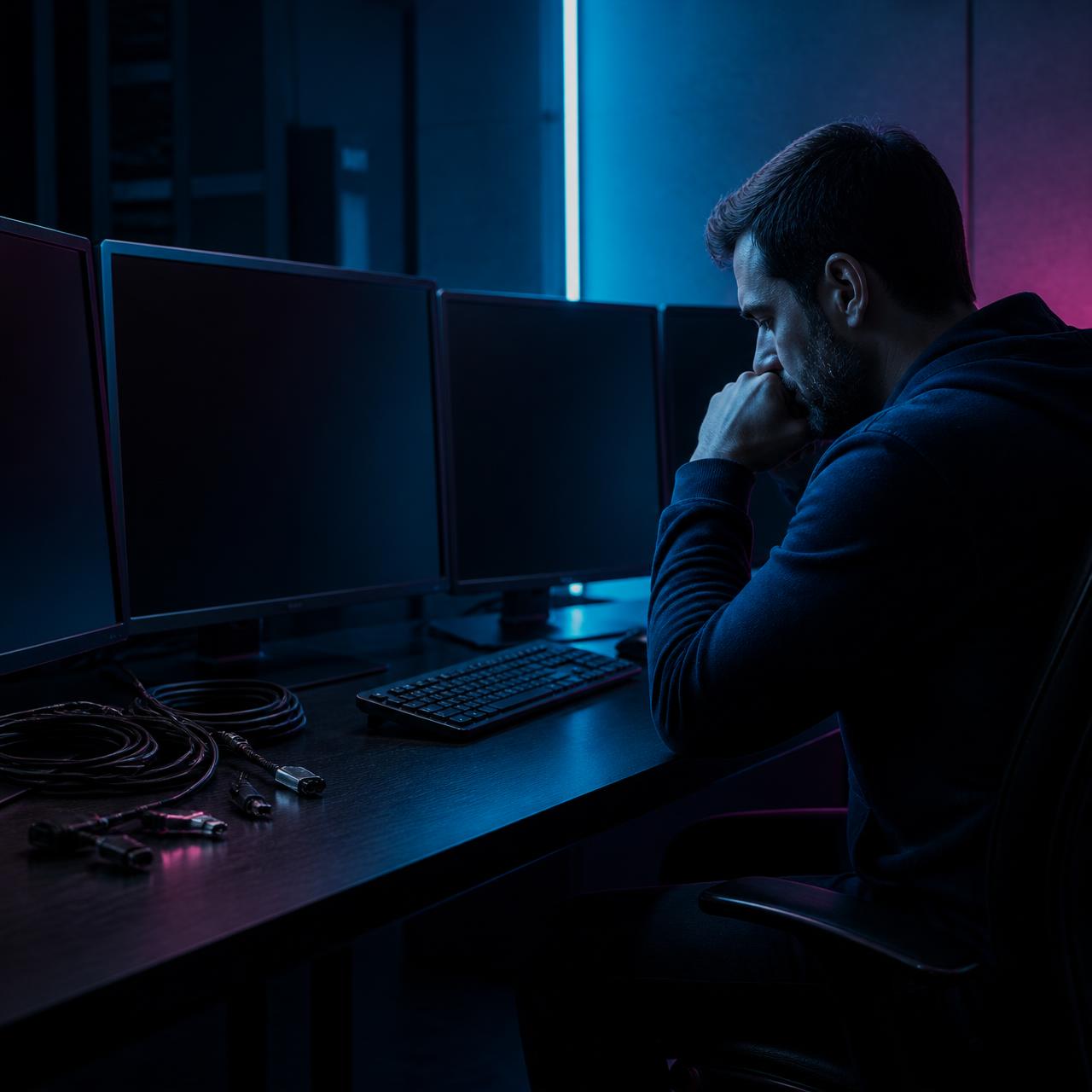 Security analyst reviewing an isolated workstation with disconnected cables