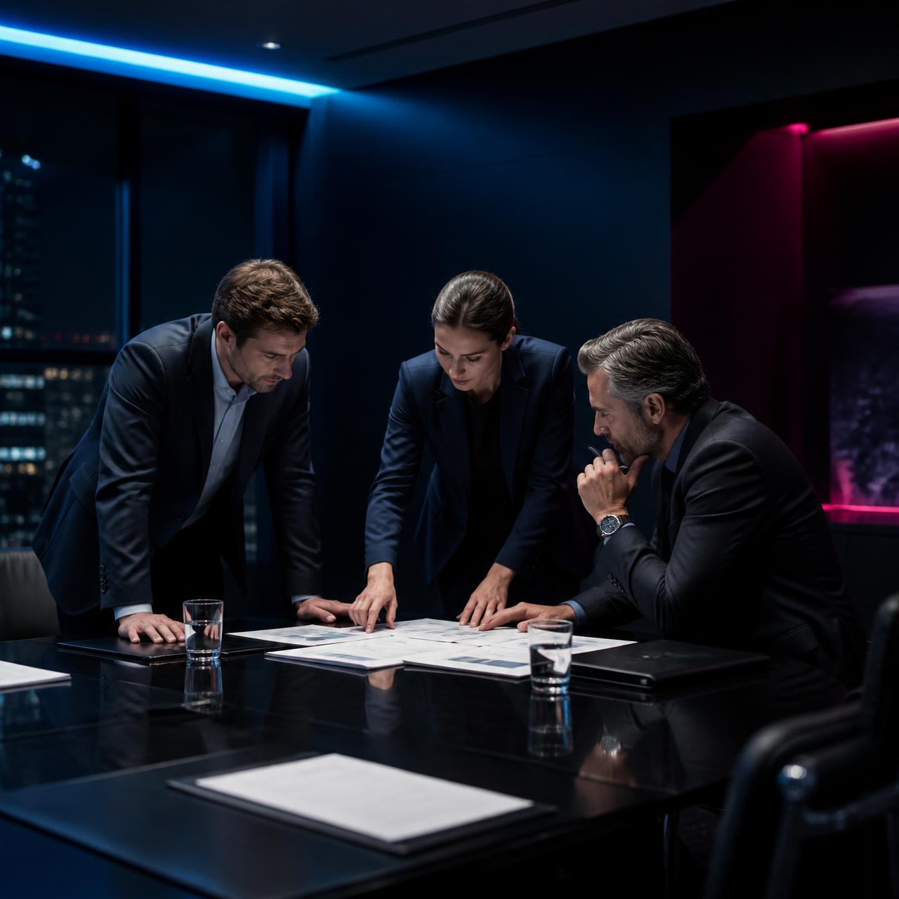 Professionals reviewing documents in a darkened boardroom