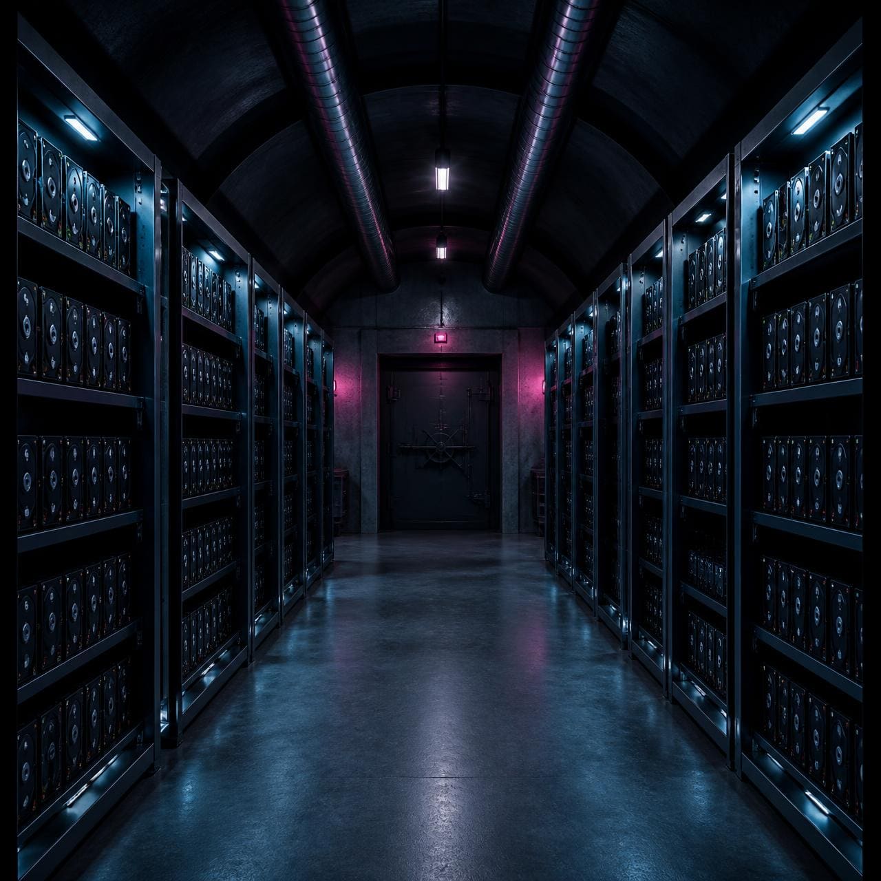 Corridor of offline storage racks inside a Firevault bunker