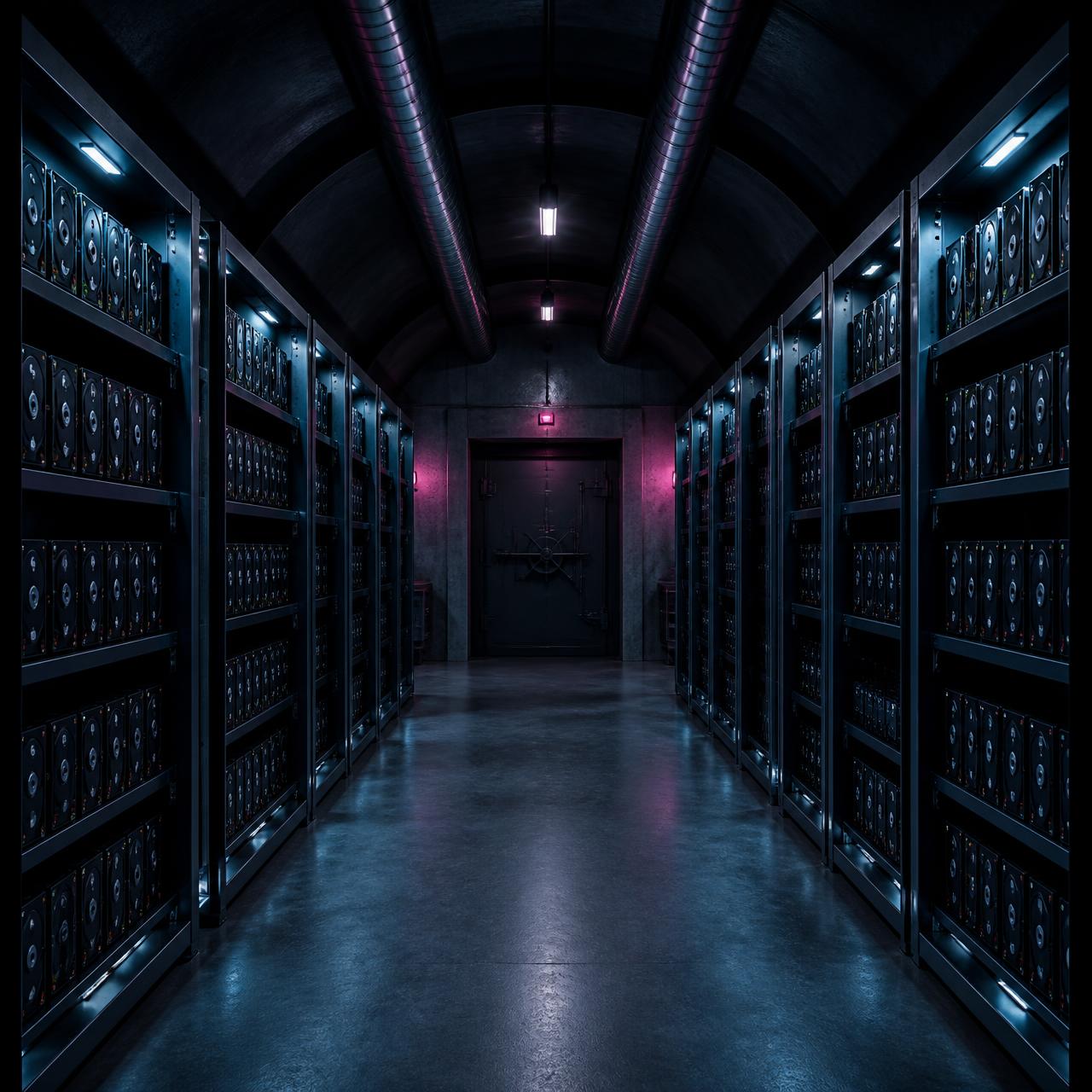 Corridor of offline storage racks inside a Firevault bunker
